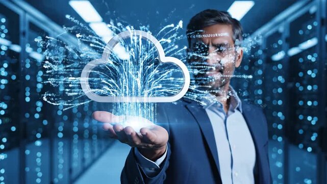 Specialist Programmer with Cloud Computing Icon - A specialist programmer man holds a glowing cloud computing icon in his palm inside a server room.