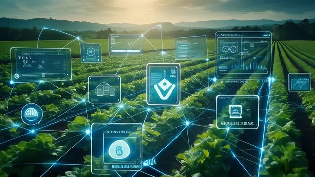 AI-powered smart farm with digital dashboards and sensors monitoring crop health