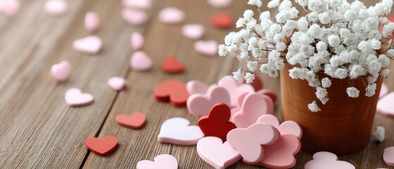 Valentines day background with hearts and flowers on a brown table during a celebration of love and friendship in a cozy setting