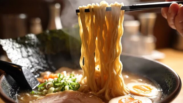 Steaming Ramen Noodles with Chopsticks - A close-up shot features steaming ramen noodles being lifted from a bowl with chopsticks.