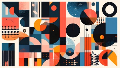 Modern abstract composition of geometric shapes with clean lines, bold color blocks, balanced layout, minimal vector style, contemporary design suitable for posters and editorial use