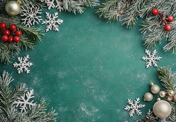 Green background with snowflakes, Christmas-themed decorations, a snowflake pattern, and a green background