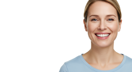 Joyful mid-30s caucasian woman, radiant smile, bright white teeth, healthy gums, light blue t-shirt, isolated on white studio background with copy space. Dental health advertising concept