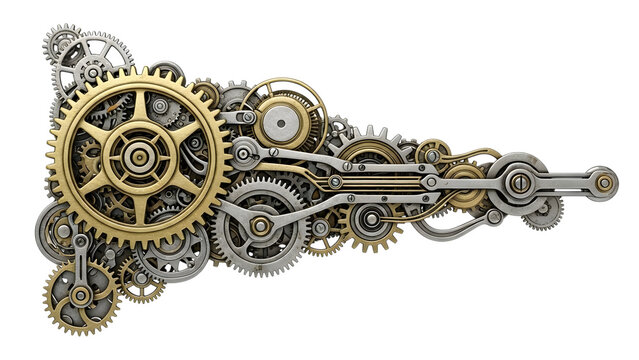Intricate steampunk clockwork mechanism with gold and silver gears and levers isolated on a transparent background