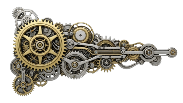 Intricate steampunk clockwork mechanism with gold and silver gears and levers isolated on a transparent background - Powered by Adobe