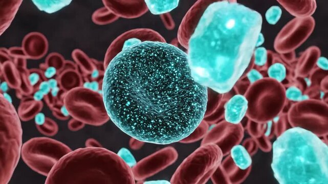 Blood Cells and Sugar Interaction - This video depicts a microscopic view of blood cells with blue sugar molecules.