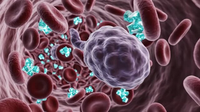 Blood Cells and Sugar Molecules - This video portrays a close-up view of red blood cells and a white blood cell interacting with sugar molecules within a blood vessel.
