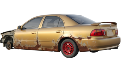 Damaged gold sedan with rust and missing front fender and wheel isolated on a transparent background
