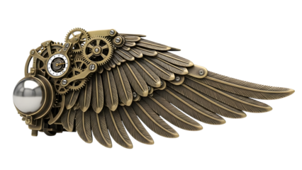 Intricate steampunk mechanical wing with brass gears clock face and metallic orb isolated on a transparent background