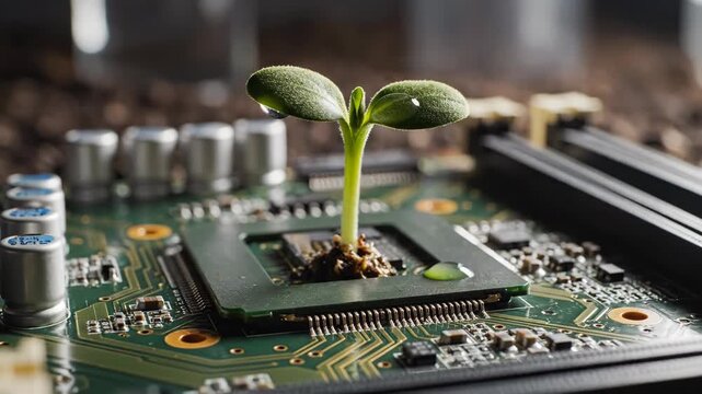 Nature and Technology Fusion - A green sprout emerges from a circuit board, symbolizing the convergence of nature and technology.