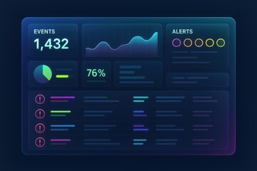 Dynamic digital analytics dashboard visualizing real time data insights, event tracking and alert notifications in a sleek neon design showcasing performance metrics