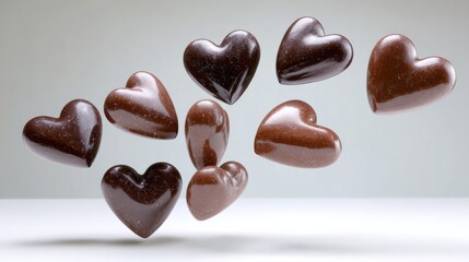 Obraz premium A bunch of chocolate hearts are flying through the air. Concept of joy and happiness, as the hearts are a symbol of love and affection. The chocolate hearts are scattered in various positions