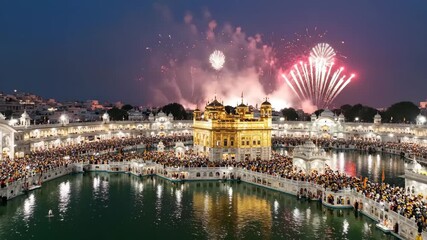 Golden Temple Fireworks Celebration - This video captures a vibrant celebration at the Golden Temple in Amritsar, India, with fireworks illuminating the night sky.