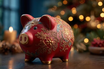 Elegant red piggy bank with intricate golden ornaments and star motifs, placed against a blurred holiday backdrop, creating a cozy and inviting mood for saving