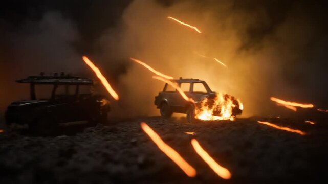 Night battlefield combat, tracer bullets in the dark, burning vehicles, heavy smoke, intense