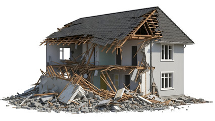Damaged two story house with debris and exposed wooden beams on a transparent background isolated on a transparent background