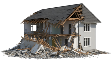 Damaged two story house with debris and exposed wooden beams on a transparent background isolated on a transparent background