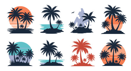 Obraz premium Tropical Palm Tree Island Silhouettes at Sunset and Sunrise Vector Graphic Set
