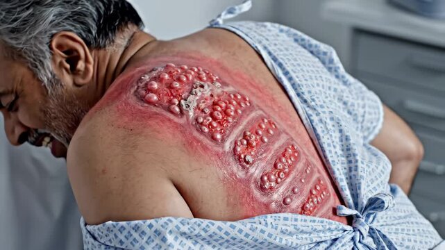 Shingles Rash on Man's Back - This stock video shows the back of a man with a severe case of shingles, characterized by painful blisters and an extensive rash.