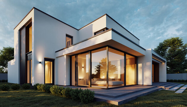 Luxurious modern house with large glass windows and clean architectural lines at sunset