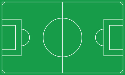 A minimalist vector illustration of a green soccer field with white markings, including goal areas, penalty boxes, and a center circle, seen from an aerial perspective.