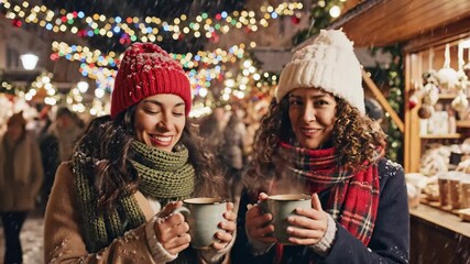 Cheerful women enjoying Christmas market - Two young women wearing hats and scarves are smiling and holding warm mugs at an outdoor Christmas market.