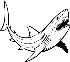Obraz premium Ferocious great white shark illustration, aggressive ocean predator artwork, sharp teeth marine animal drawing, powerful underwater hunter vector design concept