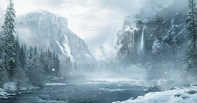 Panoramic photograph of the snowy Yosemite Valley, with a river in the foreground, foggy and snow-covered trees, and an overcast sky