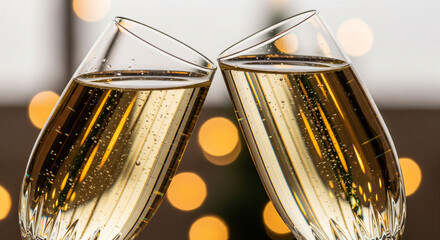 Celebration Toast with Sparkling Champagne Flutes Against Festive Bokeh Background