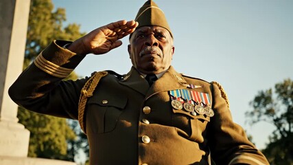Veteran in Wheelchair Saluting - A low-angle shot depicts an African American veteran in a military uniform and medals, sitting in a wheelchair and raising his hand in a salute. - Powered by Adobe