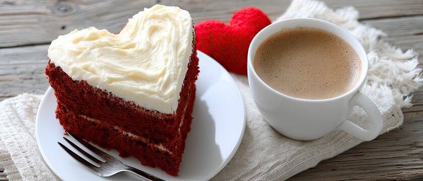 Heart-shaped red velvet cake with cream served on a plate for a special celebration on Valentine's Day with a cup of coffee on the side