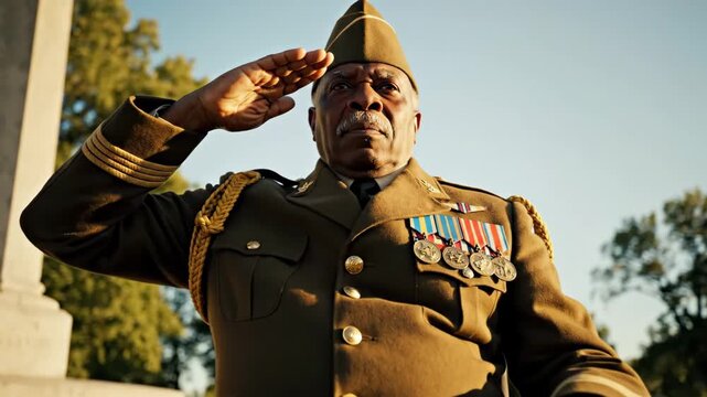 Veteran in Wheelchair Saluting - A low-angle shot depicts an African American veteran in a military uniform and medals, sitting in a wheelchair and raising his hand in a salute.