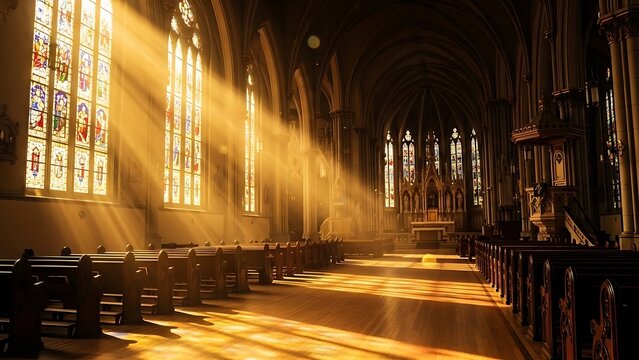 Sunlight Streams Through Stained Glass Windows in a Church - Powered by Adobe