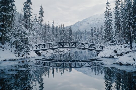A serene winter scene featuring a wooden arched bridge over a partially frozen turquoise river, surrounded by snow-covered evergreen trees under soft diffused light