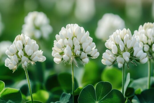 Delicate white clover flowers bloom in a soft focus green field on a sunny day