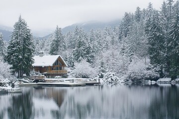 Photograph of Whistler in winter, with snow-covered pine trees and a cabin with a dock on a lake