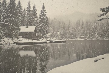 Photograph of Whistler in winter, with snow-covered pine trees and a cabin with a dock on a lake