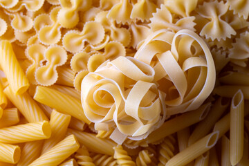 Composition with different tasty uncooked pasta - Italian pasta wallpaper, different types and shapes of pasta layout
