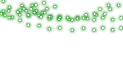 Abstract digital graphic of glowing green dots connected in curved strings on a white background.