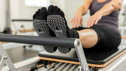 Woman engaged in a focused Pilates session on a reformer machine, showcasing her feet in specialized grip socks during a challenging yet effective fitness routine in a bright studio environment