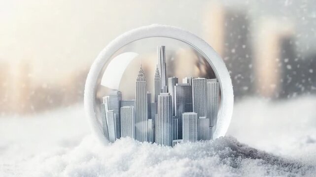 Miniature city skyline encased in glass with snow and skyscrapers creating a winter wonderland effect