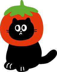 Funny Black Cat Wearing Tomato Costume or Hat Cartoon Illustration
