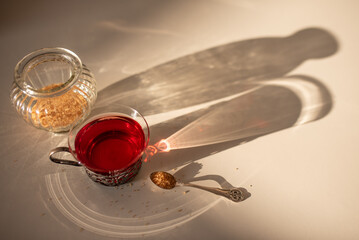 Tea preparation in the setting sun and long shadows