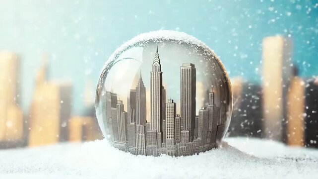 Miniature city skyline encased in glass with snow and skyscrapers creating a winter wonderland effect