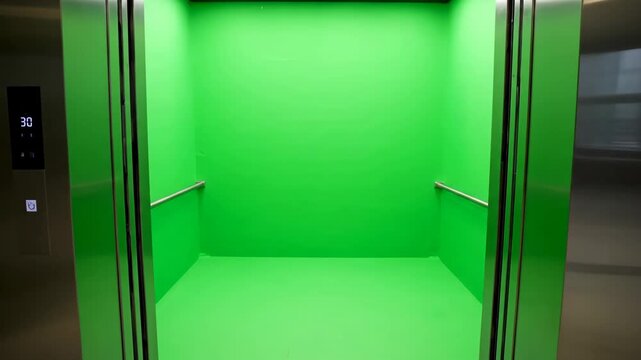 Elevator with Green Screen Interior - An open elevator reveals a bright green screen interior, ready for visual effects and compositing. The elevator features stainless steel doors and control panel.