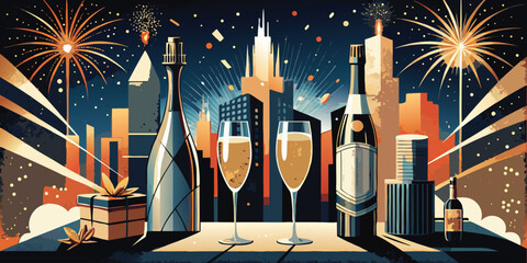 Champagne celebration with city skyline and fireworks at night