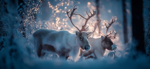 Naklejka premium Reindeer standing in snowy forest with magical Christmas lights. Reindeer standing in deep snow, illuminated by magical Christmas lights in a winter forest