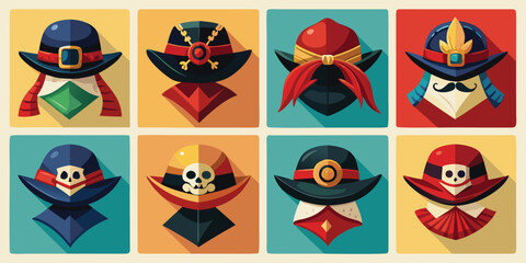 Collection of eight stylized historical hats and headwear designs