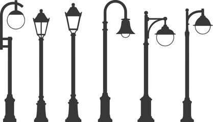 Assortment of Seven Ornate Street Lamp Silhouettes on White Background lamppost lighting