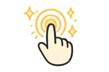 Interactive Touch Icon. A touchscreen icon with a friendly finger pressing a button, glowing doodle ripple and happy sparkles